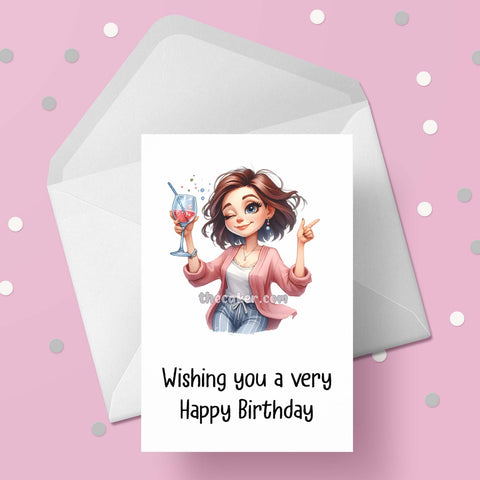 Funny Birthday Card with Woman drinking wine 01
