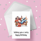 Funny Birthday Card with Woman drinking wine 02