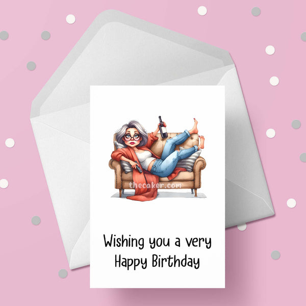 Funny Birthday Card with Woman drinking wine 02