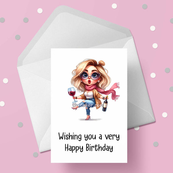 Funny Birthday Card with Woman drinking wine 03