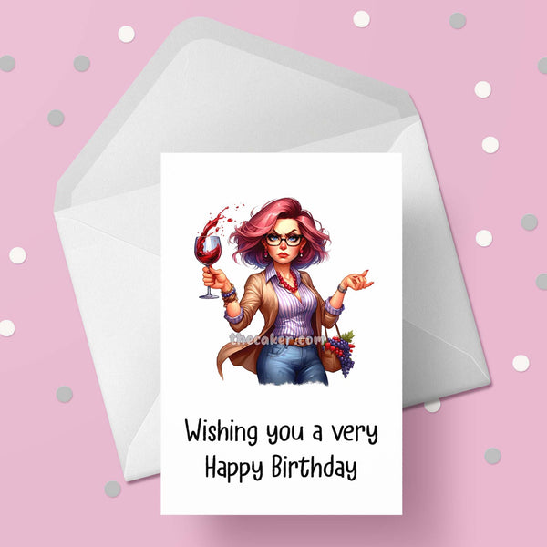 Funny Birthday Card with Woman drinking wine 04
