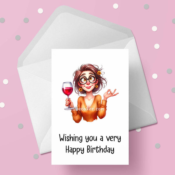 Funny Birthday Card with Woman drinking wine 05