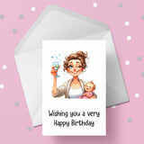 Funny Birthday Card with Woman drinking wine 06