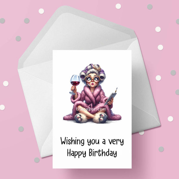 Funny Birthday Card with Woman drinking wine 07