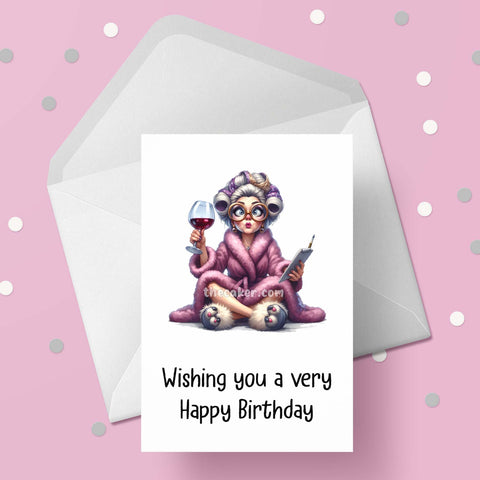 Funny Birthday Card with Woman drinking wine 07