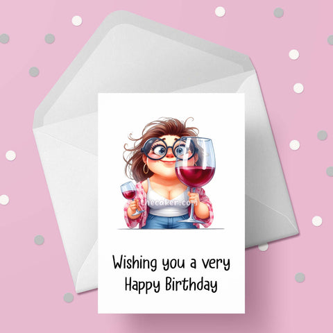 Funny Birthday Card with Woman drinking wine 08