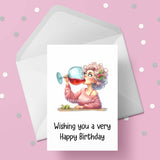 Funny Birthday Card with Woman drinking wine 10