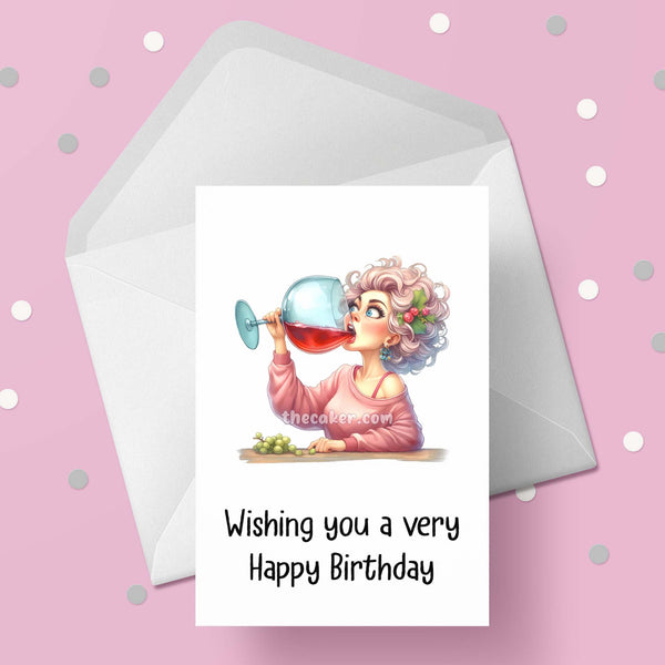 Funny Birthday Card with Woman drinking wine 10