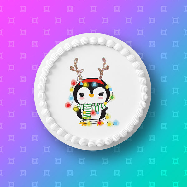 Christmas Cake Topper 14 - Funny Penguin in lights