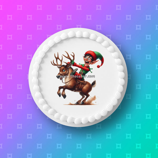 Christmas Cake Topper 04 - Funny elf on Rudolph