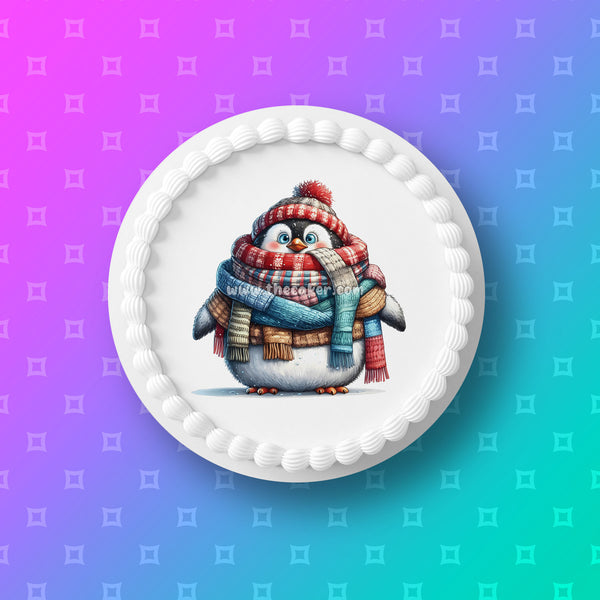 Christmas Cake Topper 49 - Funny penguin wrapped in Scarves