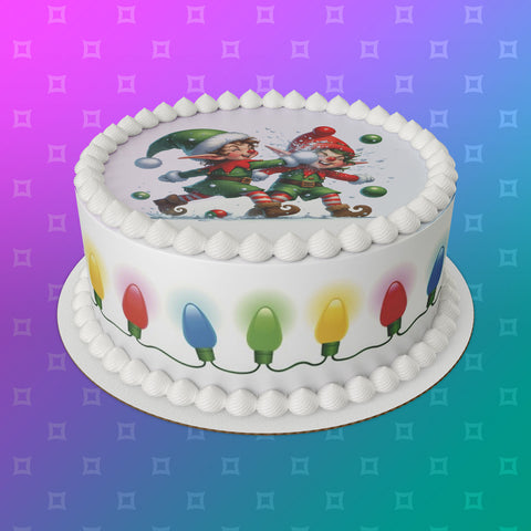 Christmas Cake Topper 02 - Funny Elves having a snowball fight