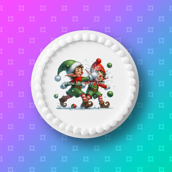 Christmas Cake Topper 02 - Funny Elves having a snowball fight