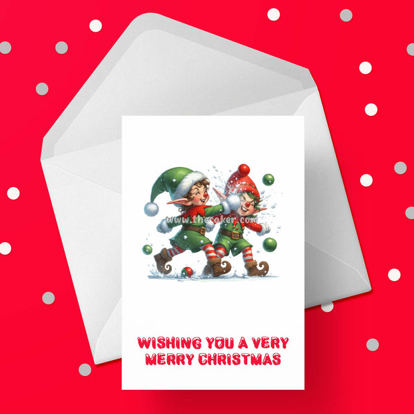 Christmas Card 02 - Funny elves having snowball fight