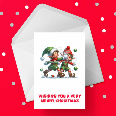 Christmas Card 02 - Funny elves having snowball fight