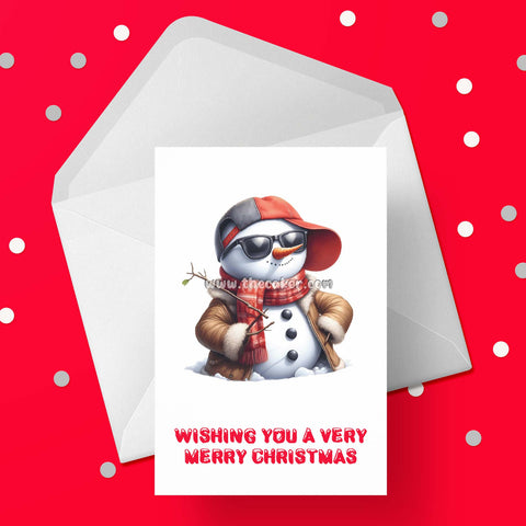 Christmas Card 27 - Cool Snowman wearing baseball cap