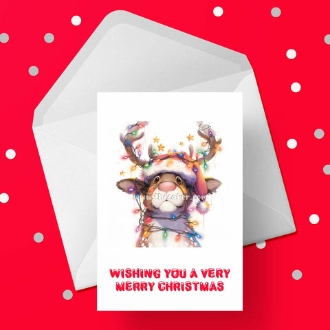 Christmas Card 37 - Cute Reindeer wrapped in lights