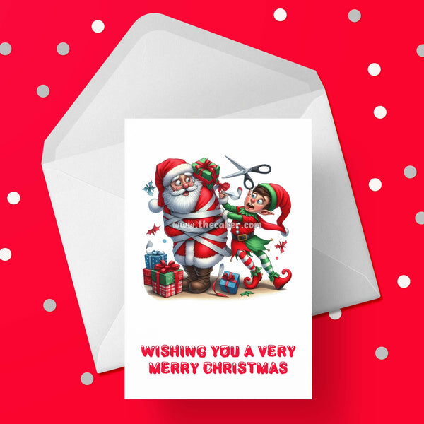Christmas Card 40 - Naughty Elf tying up Santa