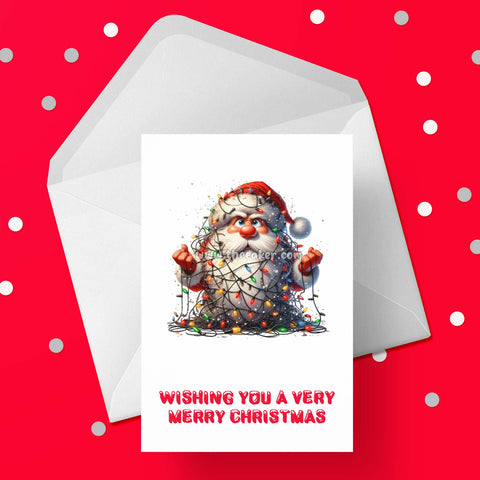 Christmas Card 45 - Funny Santa wrapped in lights