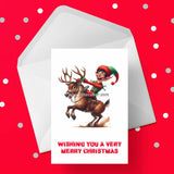 Christmas Card 48 - Funny Elf riding reindeer