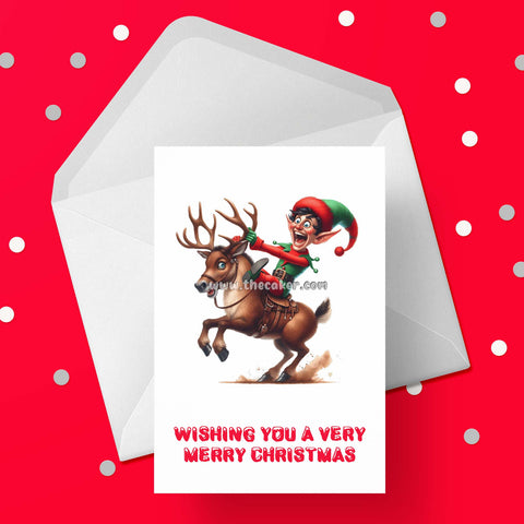 Christmas Card 48 - Funny Elf riding reindeer