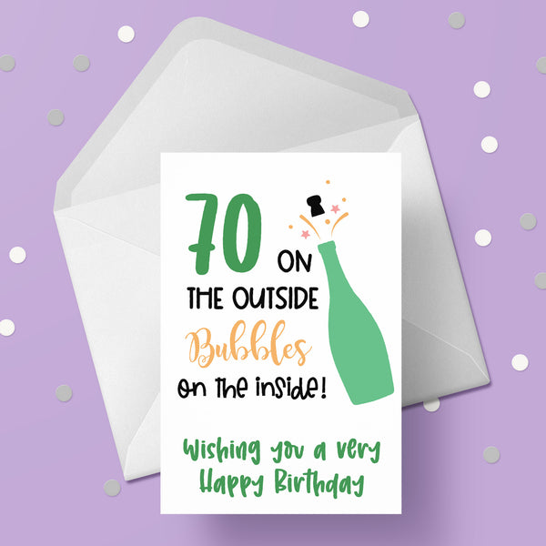 70th Birthday Card - Champagne / Bubbles