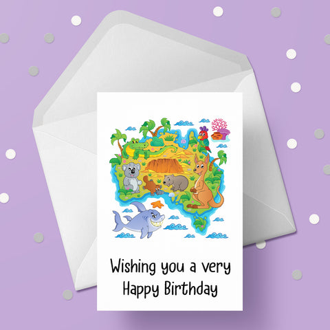 Australia / Australian Animals Map Birthday Card