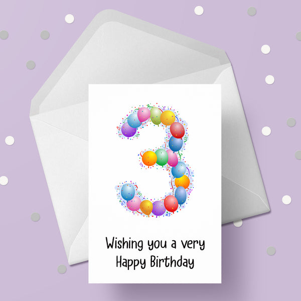 3rd Birthday Card with Bright Colourful Balloons