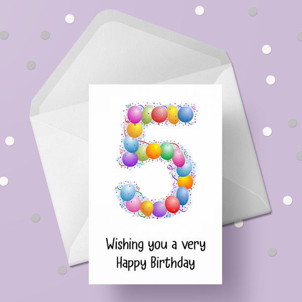 5th Birthday Card with Bright Colourful Balloons