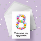8th Birthday Card with Bright Colourful Balloons