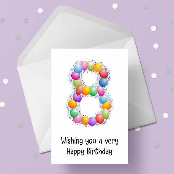 8th Birthday Card with Bright Colourful Balloons