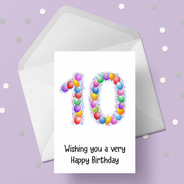 10th Birthday Card with Bright Colourful Balloons