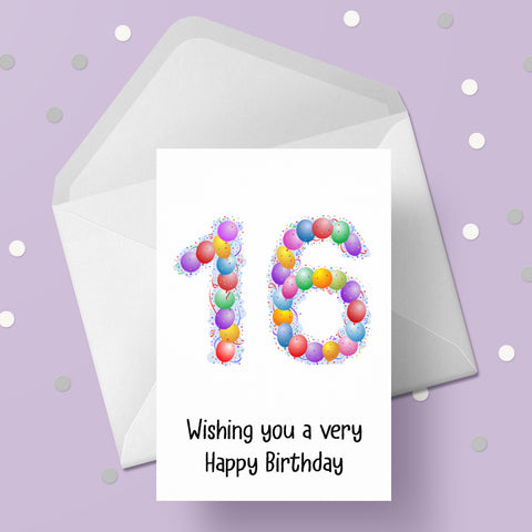 16th Birthday Card with Bright Colourful Balloons