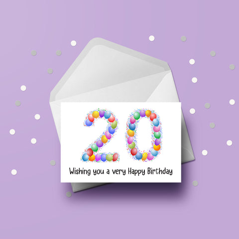 20th Birthday Card with Bright Colourful Balloons