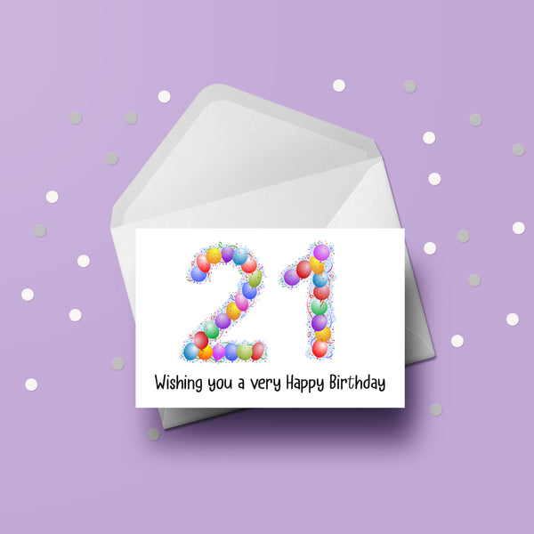21st Birthday Card with Bright Colourful Balloons