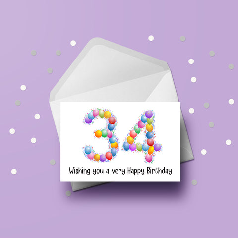 34th Birthday Balloons Card