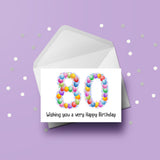 80th Birthday Card with Bright Colourful Balloons