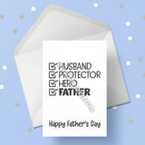 Father's Day Card 41 - Husband / Protector / Hero