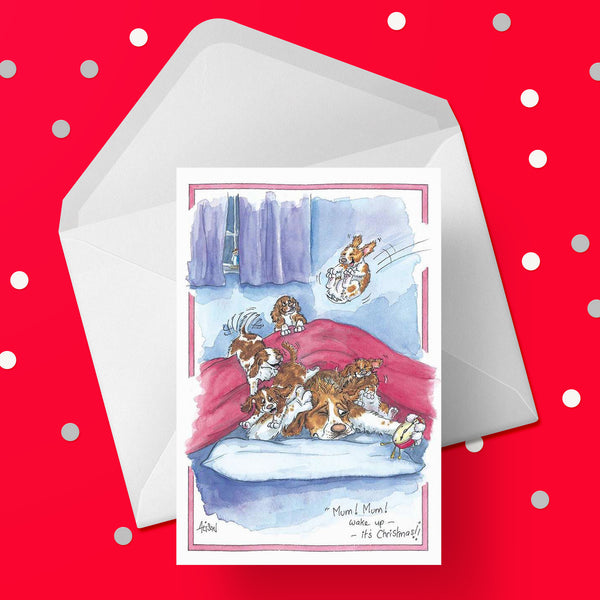 Christmas Card for Mum - Excited puppies "wake up mum"